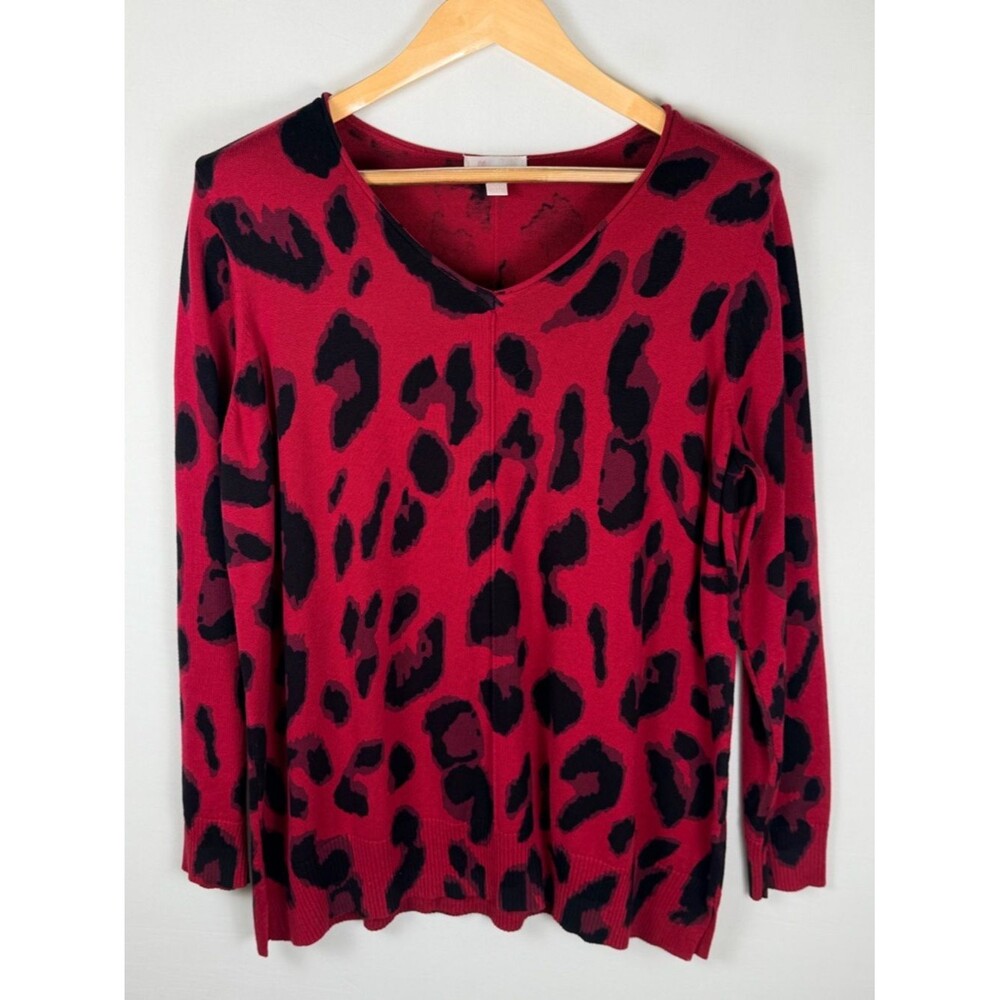 Belle Kim Gravel Leopard Print Sweater Red Black V Neck Soft Knit Top Size Large